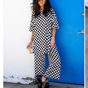 Dressed in LALA Black and White Checkered Wide Leg Jumpsuit